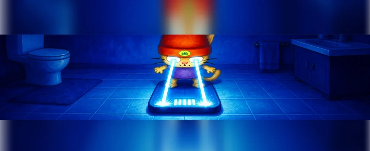 Beam Cat stands on a glowing bathroom scale