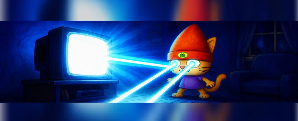 Beam Cat looks at an old television glowing white